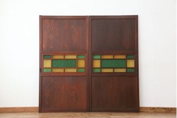大正ロマン　2色使い色ガラス入りガラス帯戸2枚セット(ダイヤガラス/引き戸/建具)(ガラス戸)