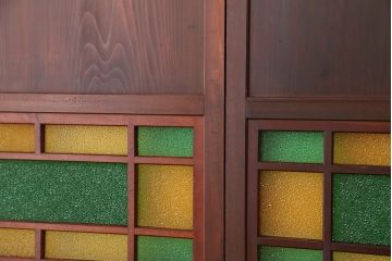 大正ロマン　2色使い色ガラス入りガラス帯戸2枚セット(ダイヤガラス/引き戸/建具)(ガラス戸)