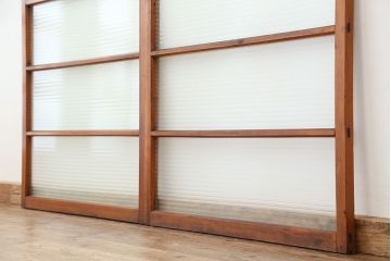 アンティーク　古い木の銀モールガラス引き戸2枚セット(1)(ガラス戸/建具/小窓)