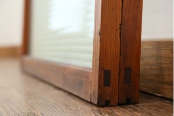 アンティーク　古い木の銀モールガラス引き戸2枚セット(1)(ガラス戸/建具/小窓)