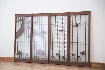 中古　縁起も良い!松竹梅と亀鶴コラボ　書院戸4枚セット?(明り取り)(ガラス戸)