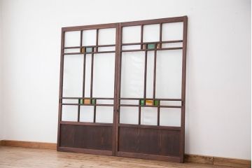 大正ロマン　古い木の色ガラス引き戸ガラス戸2枚セット(建具/ダイヤガラス/モールガラス/結霜ガラス)