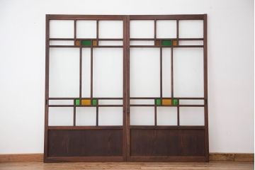 大正ロマン　古い木の色ガラス引き戸ガラス戸2枚セット(建具/ダイヤガラス/モールガラス/結霜ガラス)