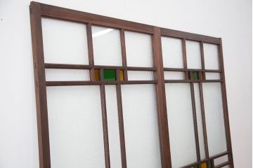大正ロマン　古い木の色ガラス引き戸ガラス戸2枚セット(建具/ダイヤガラス/モールガラス/結霜ガラス)