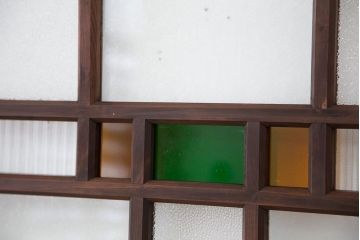 大正ロマン　古い木の色ガラス引き戸ガラス戸2枚セット(建具/ダイヤガラス/モールガラス/結霜ガラス)