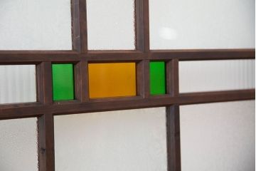 大正ロマン　古い木の色ガラス引き戸ガラス戸2枚セット(建具/ダイヤガラス/モールガラス/結霜ガラス)