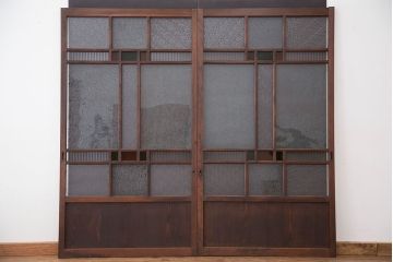 大正ロマン　古い木の色ガラス引き戸ガラス戸2枚セット(建具/ダイヤガラス/モールガラス/結霜ガラス)