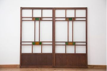 大正ロマン　古い木の色ガラス引き戸ガラス戸2枚セット(建具/ダイヤガラス/モールガラス/結霜ガラス)