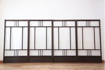 アンティーク　古い木味のシンプルで上品なガラス引き戸4枚セット(ガラス戸)