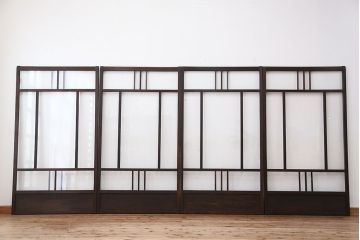 アンティーク　古い木味のシンプルで上品なガラス引き戸4枚セット(ガラス戸)
