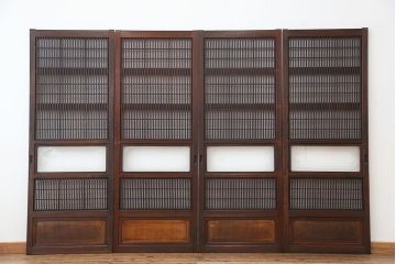 アンティーク　腰板欅材の裏障子付き幅せま格子戸4枚セット