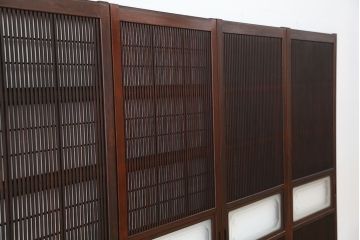 アンティーク　腰板欅材の裏障子付き幅せま格子戸4枚セット
