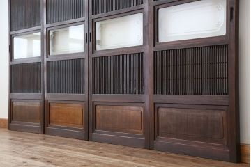 アンティーク　腰板欅材の裏障子付き幅せま格子戸4枚セット