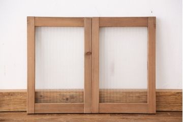 アンティーク　古い木味の小さな銀モールガラス扉(ドア)2枚セット(丁番なし)