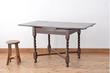 アンティーク家具　イギリスアンティーク　ツイストレッグ　オーク材　ドローリーフテーブル(エクステンションテーブル)