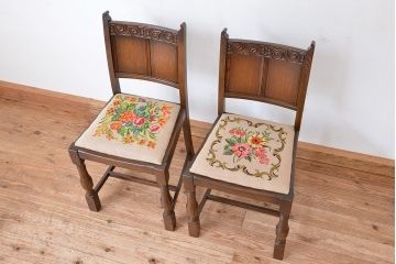 アンティーク家具　イギリスアンティーク　彫刻チェア　2脚セット(椅子、イス)
