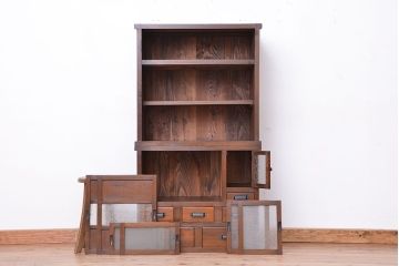 アンティーク家具　☆アンティーク　古い木の二段重ね結霜ガラス食器棚(収納棚)