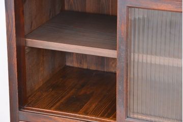 アンティーク家具　アンティーク　前面欅材のモールガラス鉄脚収納棚