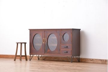 アンティーク家具　アンティーク　大正ロマン　丸窓扉の鉄脚収納棚(ローボード、サイドボード)