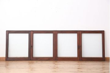 アンティーク　総欅材の小振りなモールガラス引き戸　4枚(ガラス戸、窓)