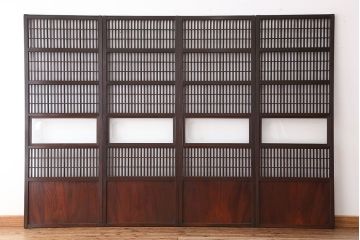 古民具・骨董　腰板欅材の裏障子付き格子戸　4枚セット