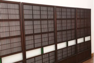 大正ロマン　色ガラス入りモダンな裏障子付き格子戸4枚セット(引き戸)