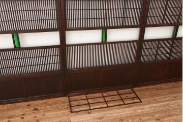大正ロマン　色ガラス入りモダンな裏障子付き格子戸4枚セット(引き戸)