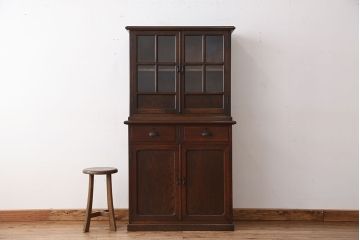 アンティーク家具　大正ロマン 特別注文造り 厚手ナラ材の上質な二段重ね食器棚(収納棚)
