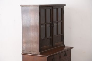 アンティーク家具　大正ロマン 特別注文造り 厚手ナラ材の上質な二段重ね食器棚(収納棚)