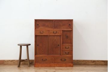 レトロ家具　アンティーク　三方欅材けんどん付き美しいレトロ茶箪笥(茶棚)