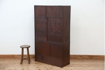 アンティーク家具　アンティーク　前面縞黒檀の二段重ね茶箪笥(茶棚)