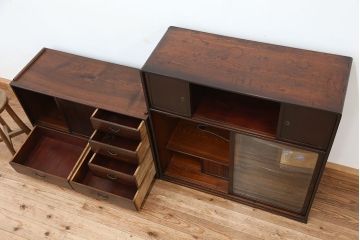 アンティーク家具　アンティーク　前面縞黒檀の二段重ね茶箪笥(茶棚)