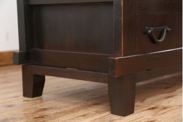 アンティーク家具　古民具・骨董　前面欅材とヒノキ材脚付き重厚な近江水屋箪笥ローボード(テレビ台、キャビネット、収納棚、食器棚、サイドボード)