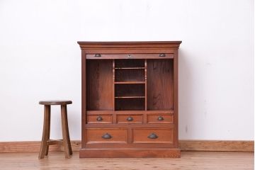 アンティーク家具　アンティーク　総欅材!希少!特注品!　シャッター扉付き戸棚(収納棚、蛇腹)