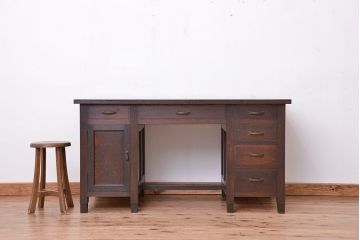 アンティーク家具　大正ロマン　総ナラ材の上質な両袖机(テーブル、作業台)