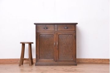 アンティーク家具　大正ロマン　三方ナラ材の重厚で上質なキッチンキャビネット(収納棚、カウンター、食器棚)