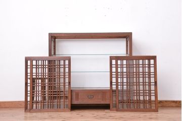 アンティーク家具　古民具・骨董　両面格子引き戸の引き出し付きガラスケース(飾り棚/収納棚)