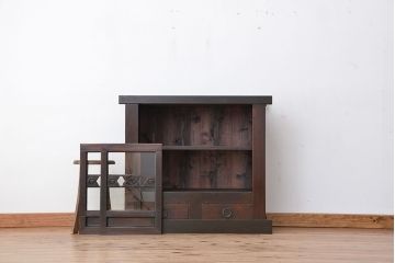 アンティーク家具　古民具・骨董　使い込まれたガラス引き戸三尺水屋箪笥(食器棚、収納棚)