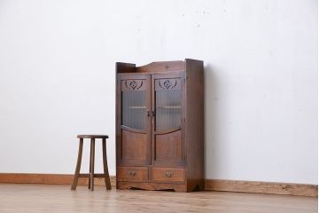 アンティーク家具　大正ロマン　古いナラ材のデザインモールガラス本箱(ブックケース、収納棚)