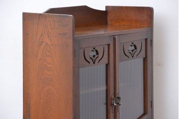アンティーク家具　大正ロマン　古いナラ材のデザインモールガラス本箱(ブックケース、収納棚)