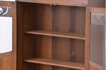アンティーク家具　大正ロマン　古いナラ材のデザインモールガラス本箱(ブックケース、収納棚)