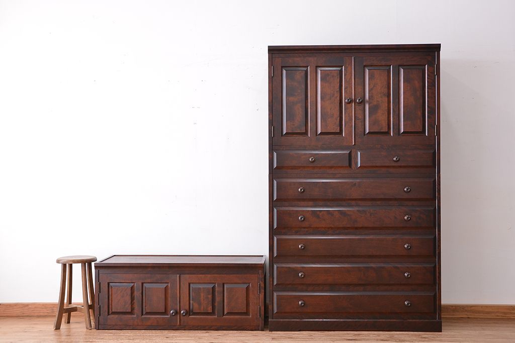 中古　北海道民芸家具　特注品　樺材　三段重ね整理ダンス(収納タンス/チェスト)