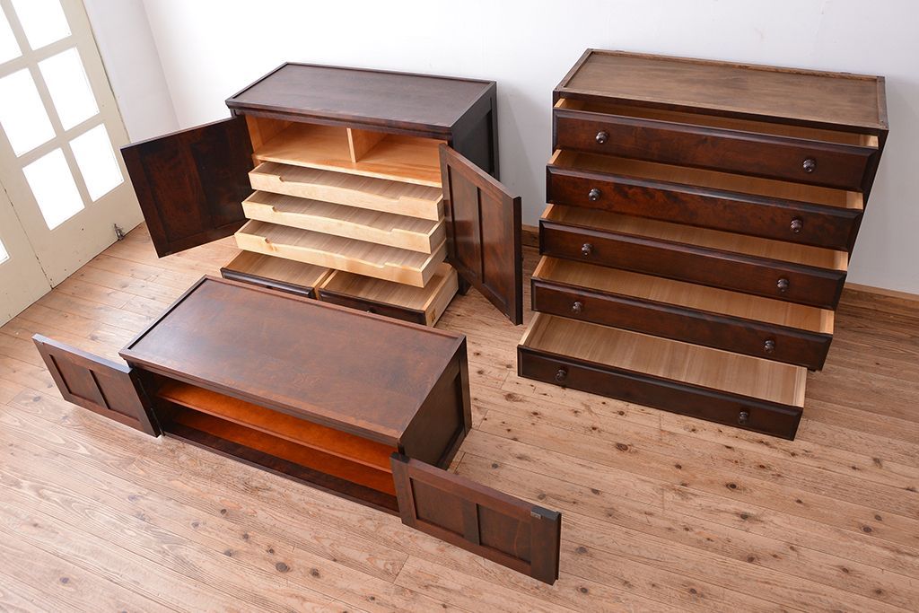 中古　北海道民芸家具　特注品　樺材　三段重ね整理ダンス(収納タンス/チェスト)