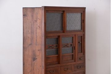 レトロ家具　昭和レトロ けんどん付き 味のある幅の狭い食器棚(水屋箪笥・収納棚)