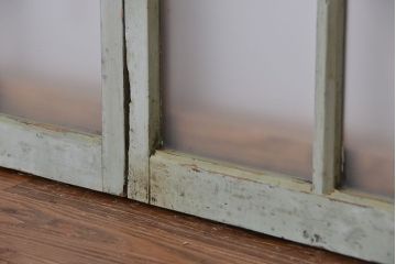 アンティーク シャビーペイントすりガラス戸 2枚セット(格子ガラス窓・引き戸)