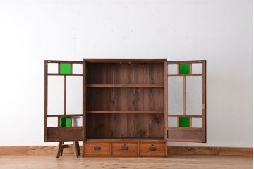 アンティーク家具　大正ロマン 色ガラス入り かわいい本箱(ブックケース、収納棚)