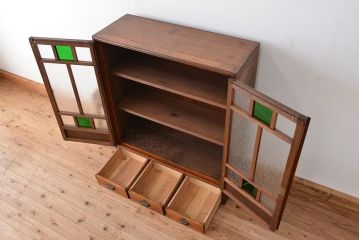 アンティーク家具　大正ロマン 色ガラス入り かわいい本箱(ブックケース、収納棚)