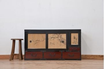 アンティーク家具　古民具・骨董　明治〜大正時代　梅と雀の図　上品な時代箪笥ローボード