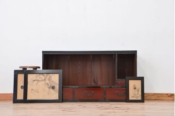 アンティーク家具　古民具・骨董　明治〜大正時代　梅と雀の図　上品な時代箪笥ローボード