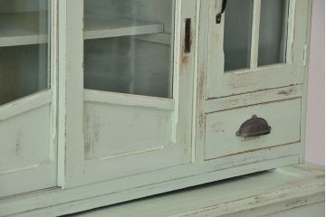 レトロ家具　☆昭和レトロ　アンティークペイントの作業台付き食器棚(モールガラス収納棚)